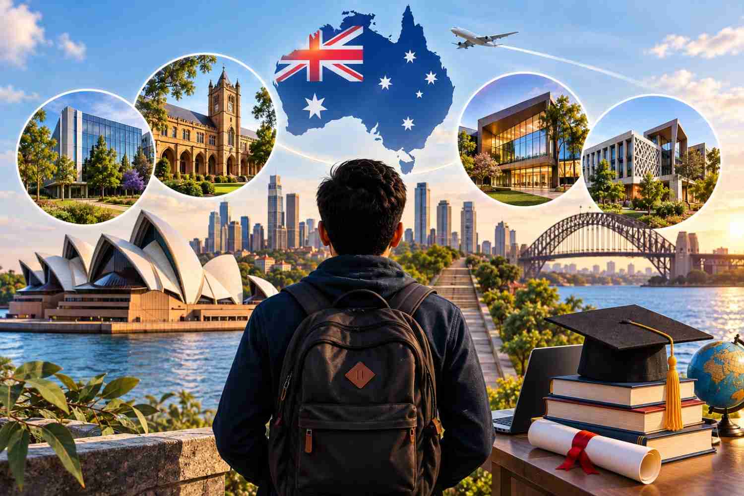 Student facing an Australian university campus with the Sydney Opera House, Harbour Bridge, Australian flag, graduation cap, books, and globe, representing the best MBA colleges in Australia.
